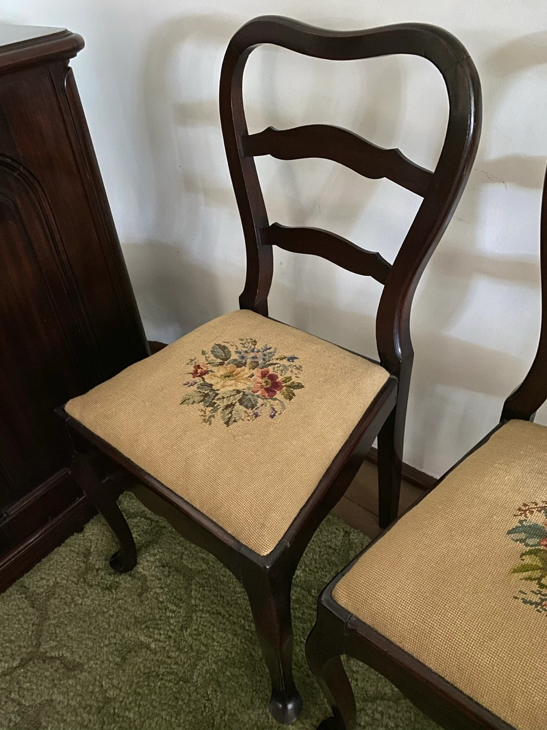 Vintage Wood Belgian Chairs with Floral Needlepoint Seat - photo 2