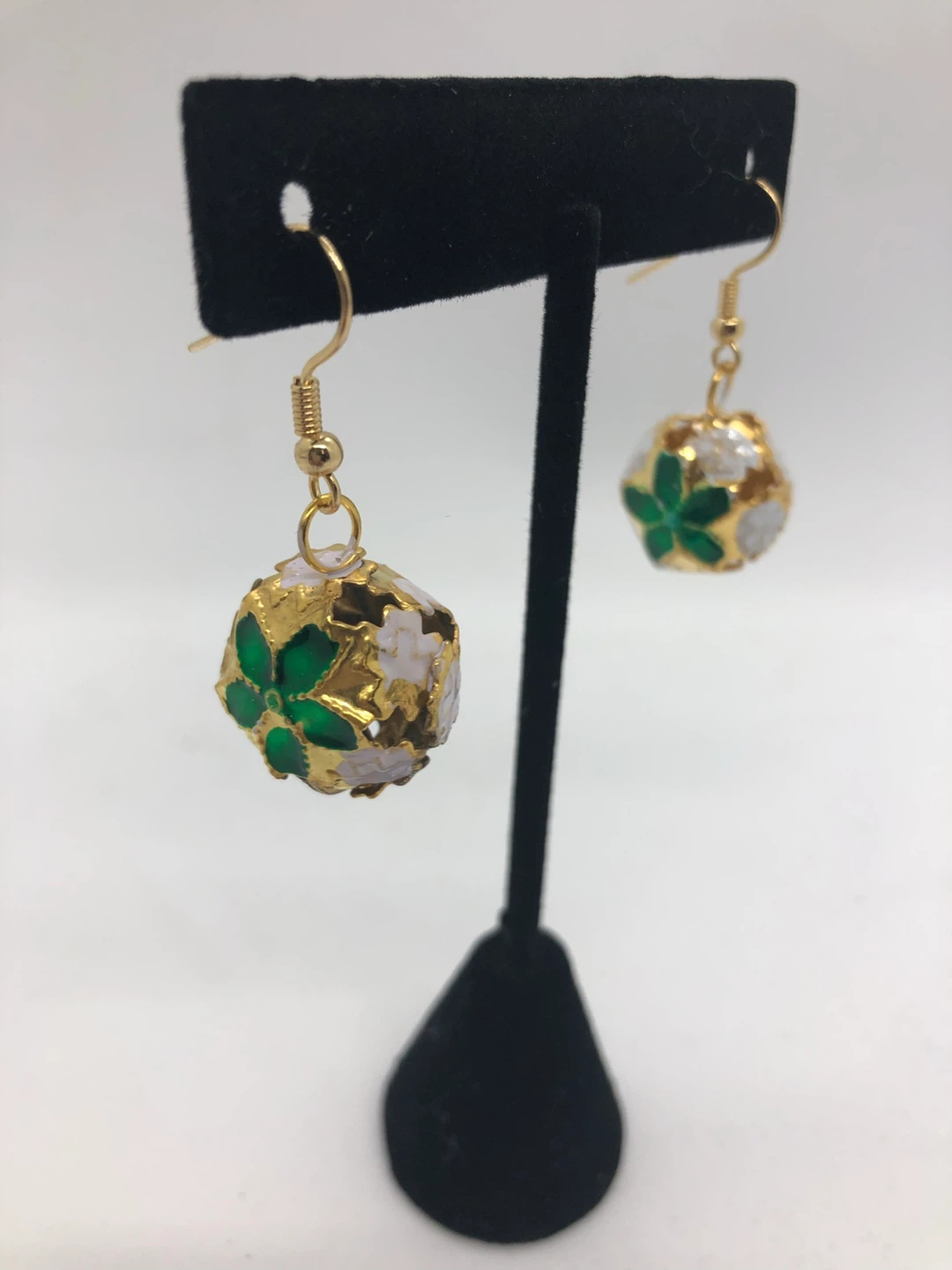 Gold Tone Dangling Earrings with Green Floral Design