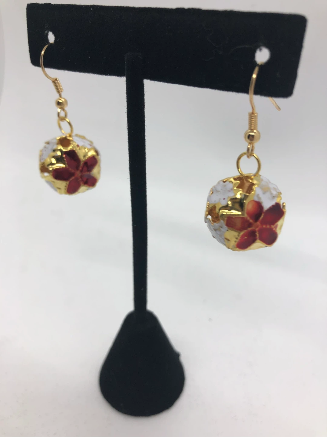 Gold Tone Dangle Earrings with Red Floral Design
