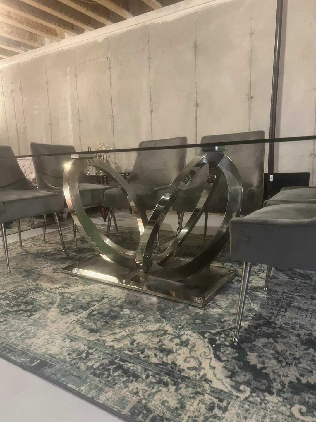 Glass Top Dining, Chrome Base with six designer chairs