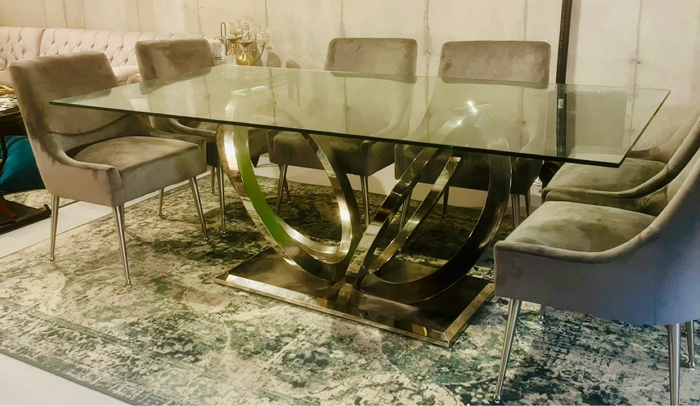 Glass Top Dining, Chrome Base with six designer chairs - photo 2