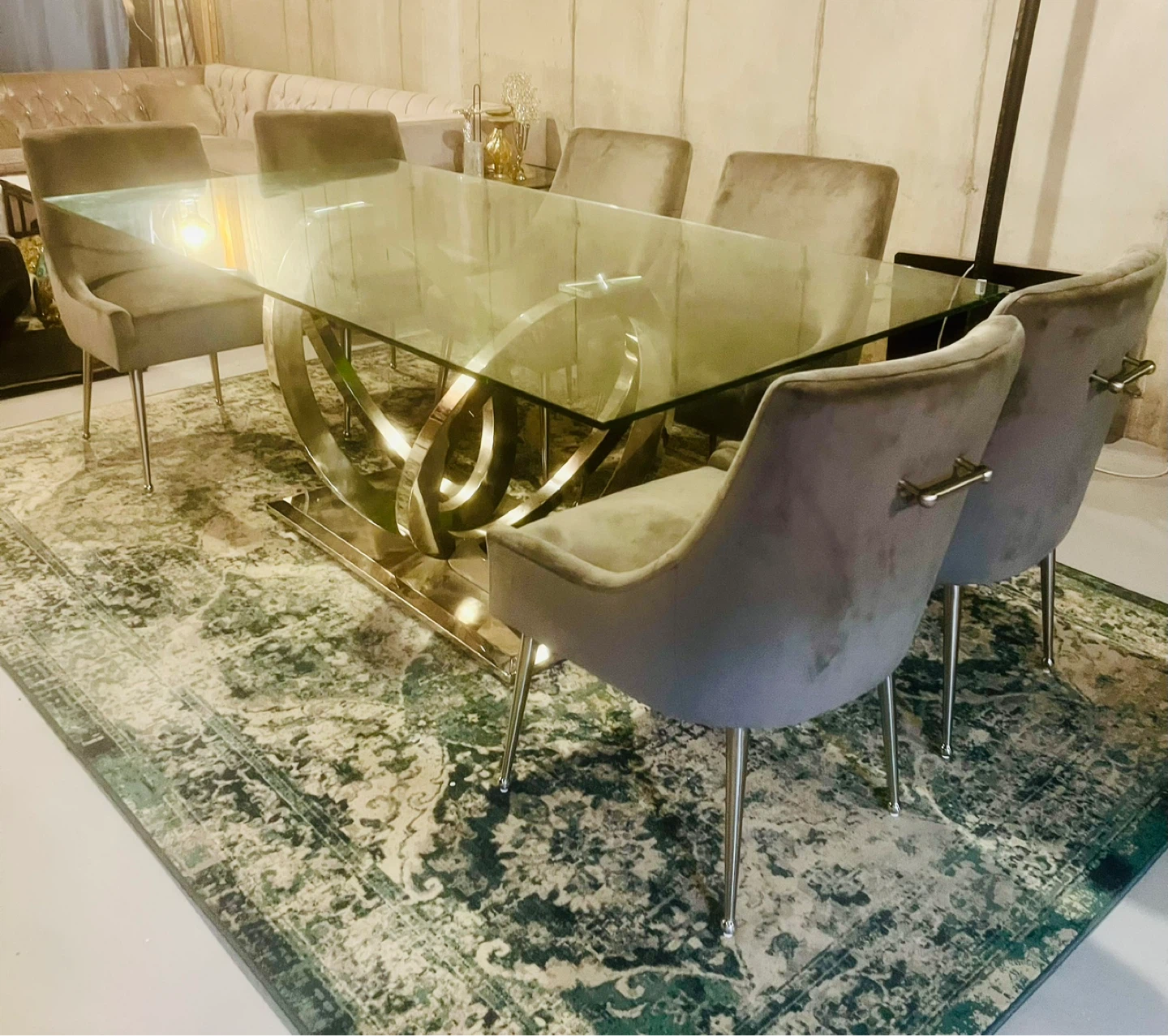 Glass Top Dining, Chrome Base with six designer chairs - photo 3
