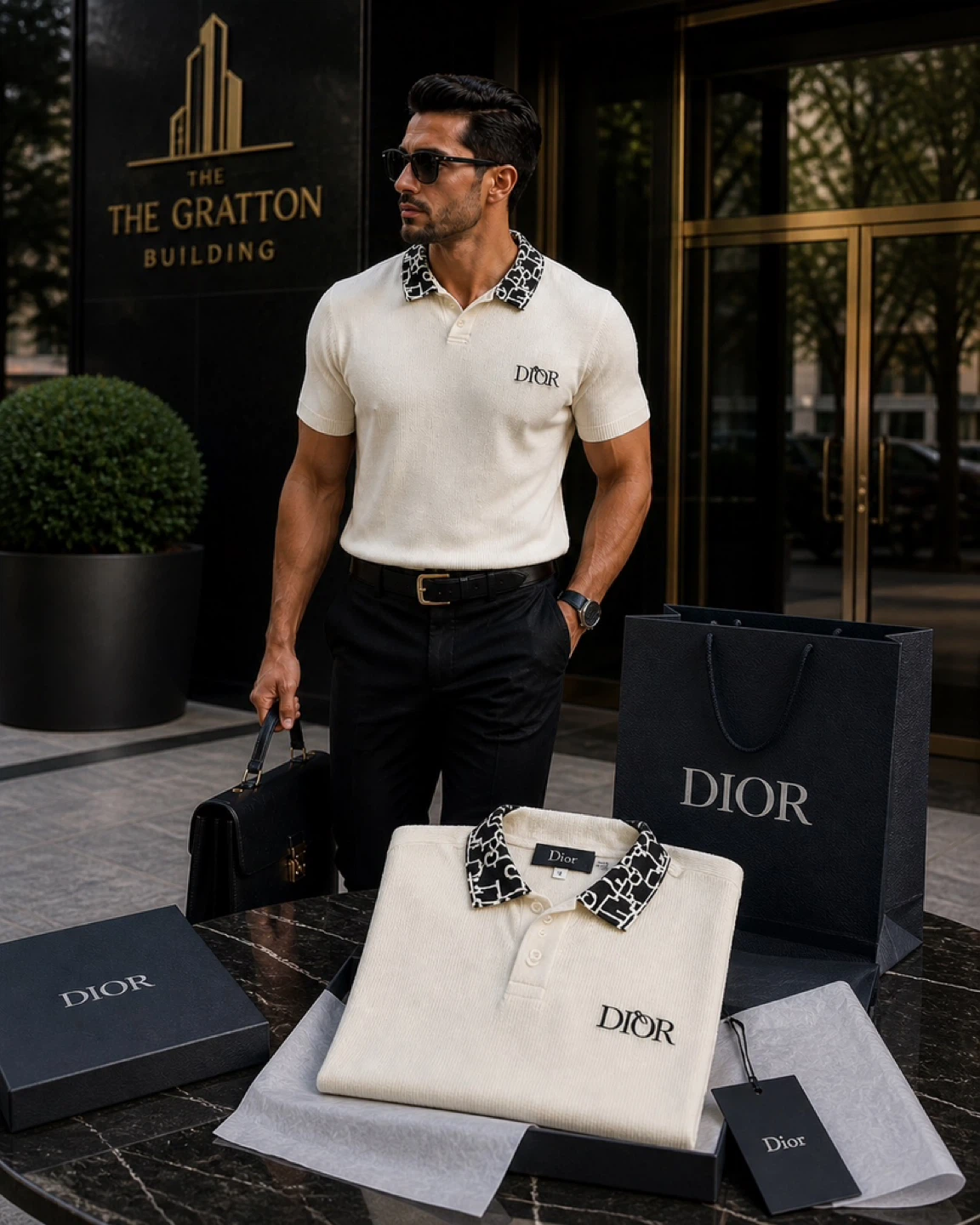 DIOR Men's White Knit Polo Shirt with Graphic Collar - photo 2