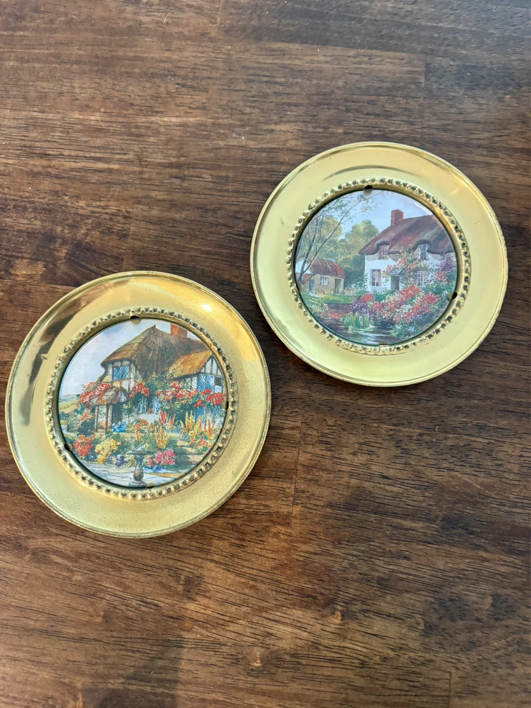 2 Vintage brass wall decor with Cottage Scenes