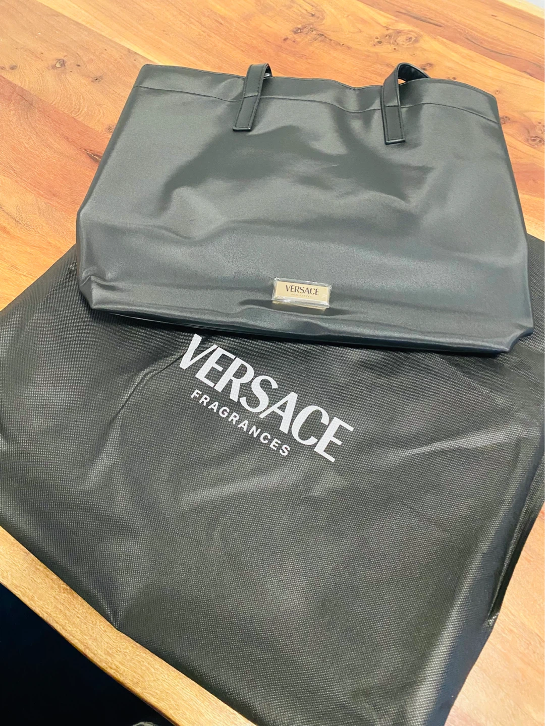 New Versace Black Tote Bag with Blue Interior