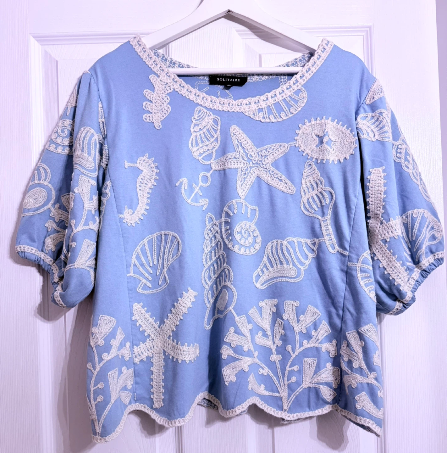 Solitaire Women's Blue Seashell Embroidered Top Size XL - photo 2