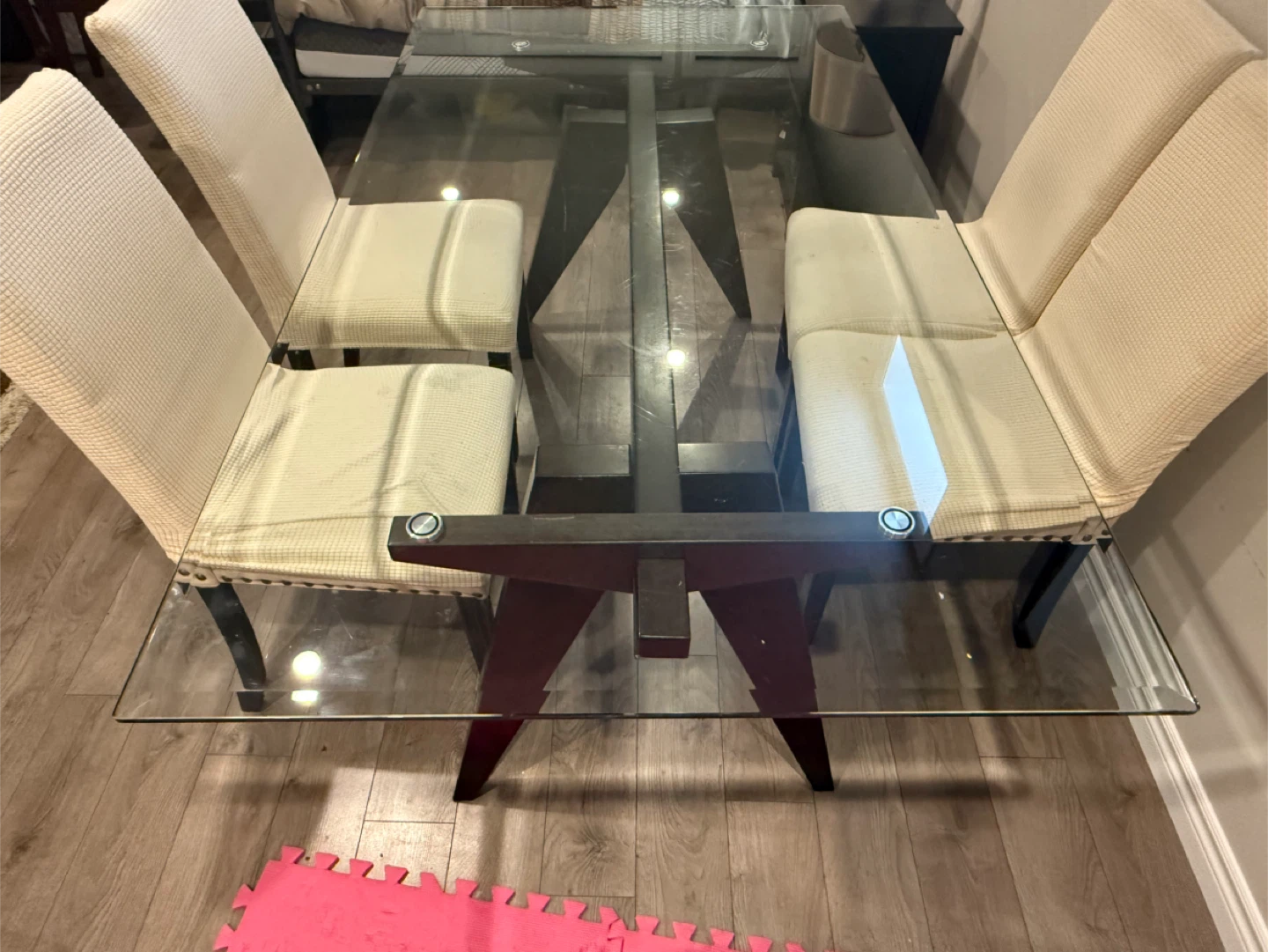 Glass Top Dining Table with Dark Wood Base - photo 3