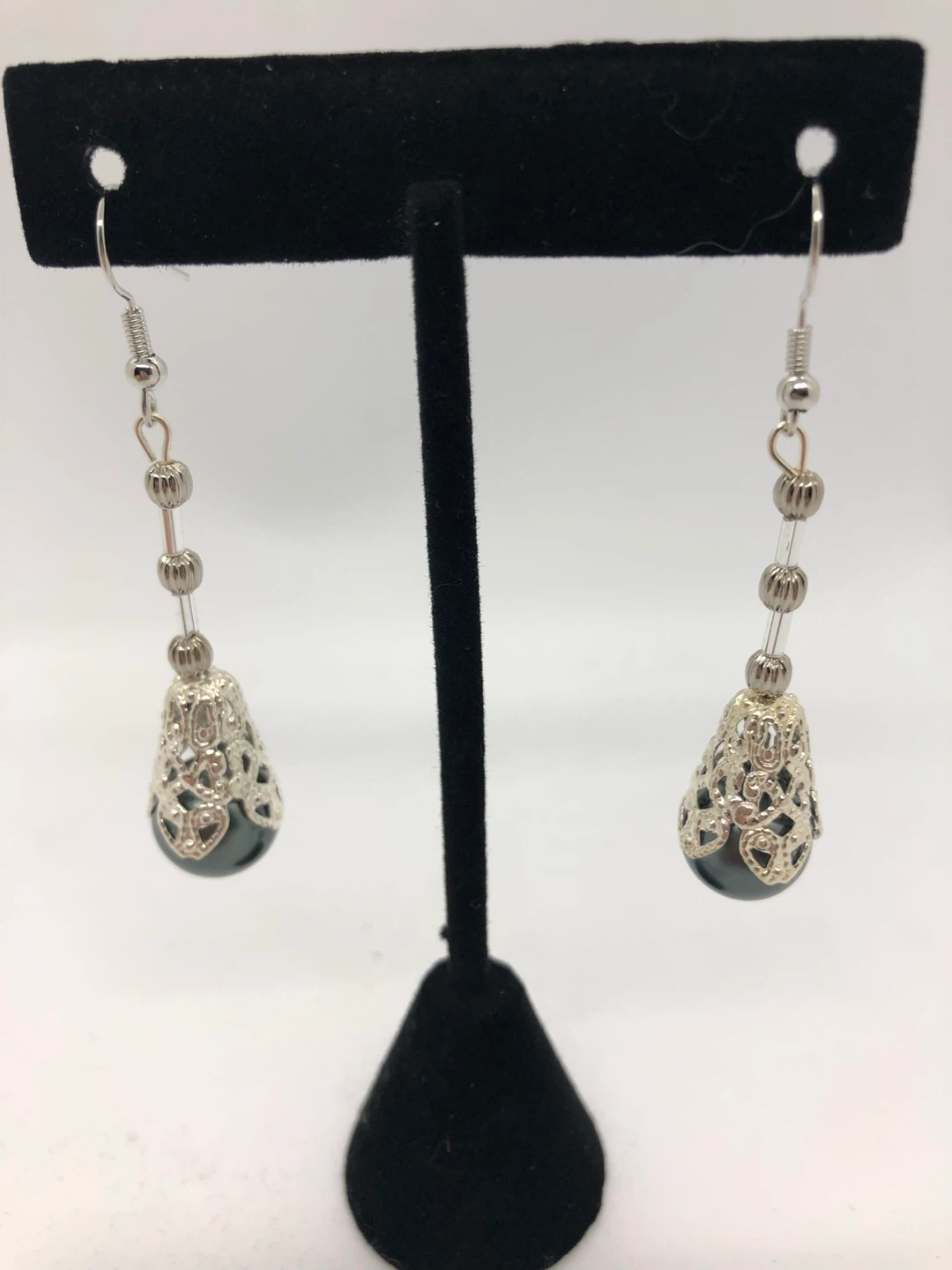 Dangle Earrings with Pink Pearl Drops and Silver Filigree Cages