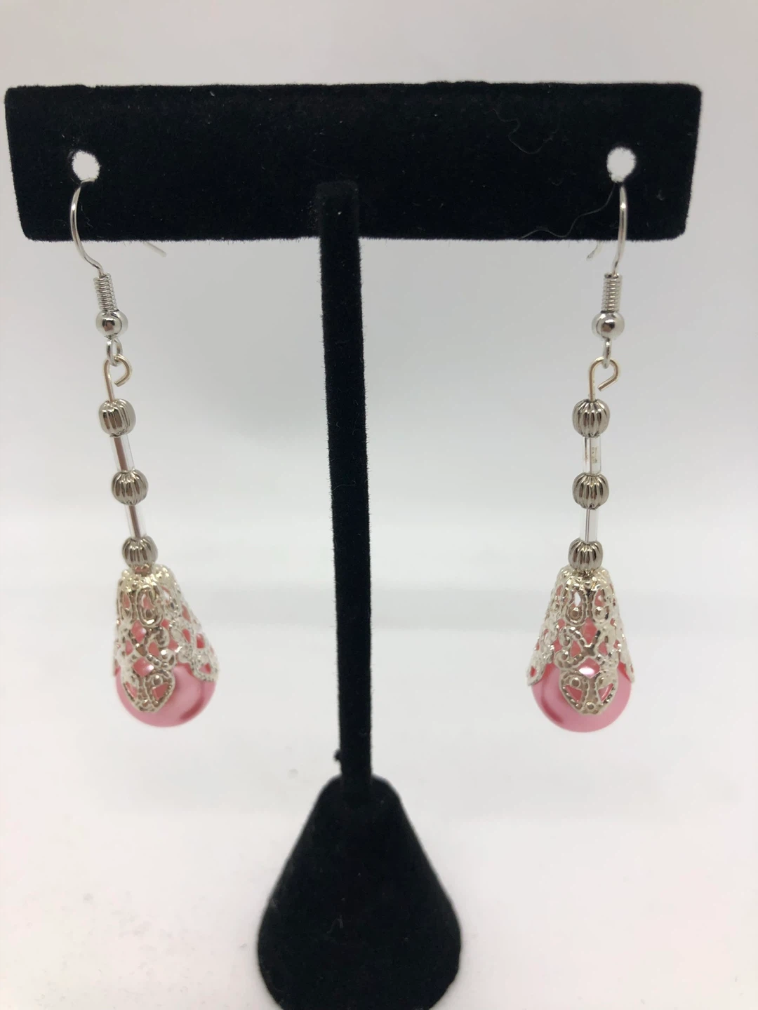Dangle Earrings with Pink Pearl Drops and Silver Filigree Cages - photo 2