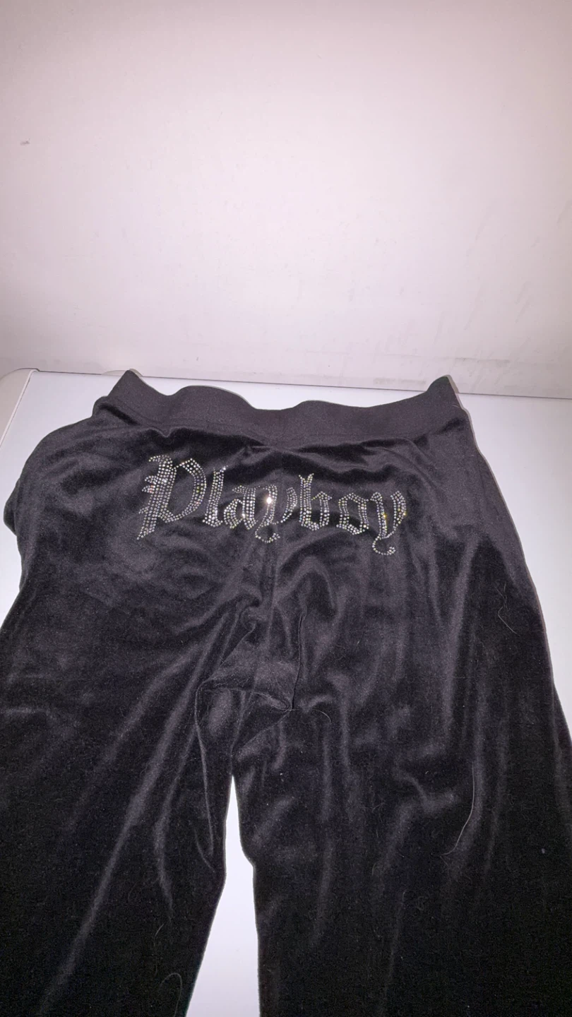 Playboy Velour Pants Black Rhinestone Logo