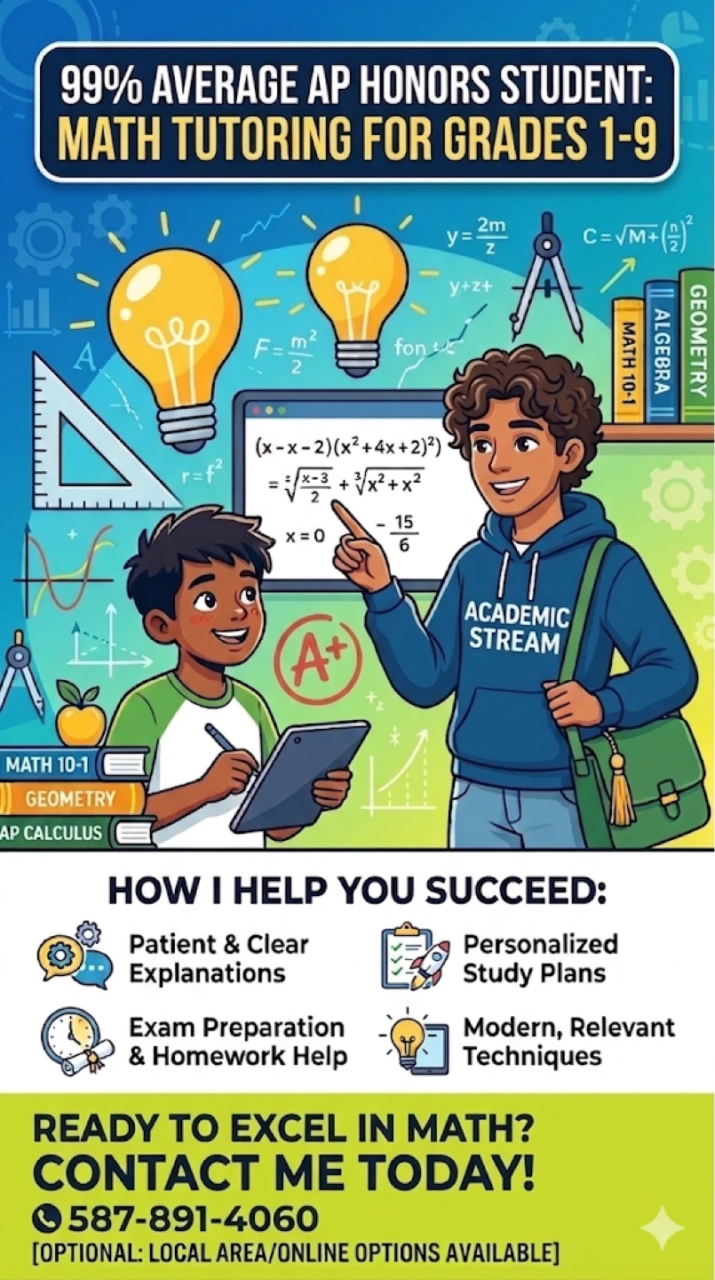 99% Average AP Honors Student: Math Tutoring for Grades 1–9