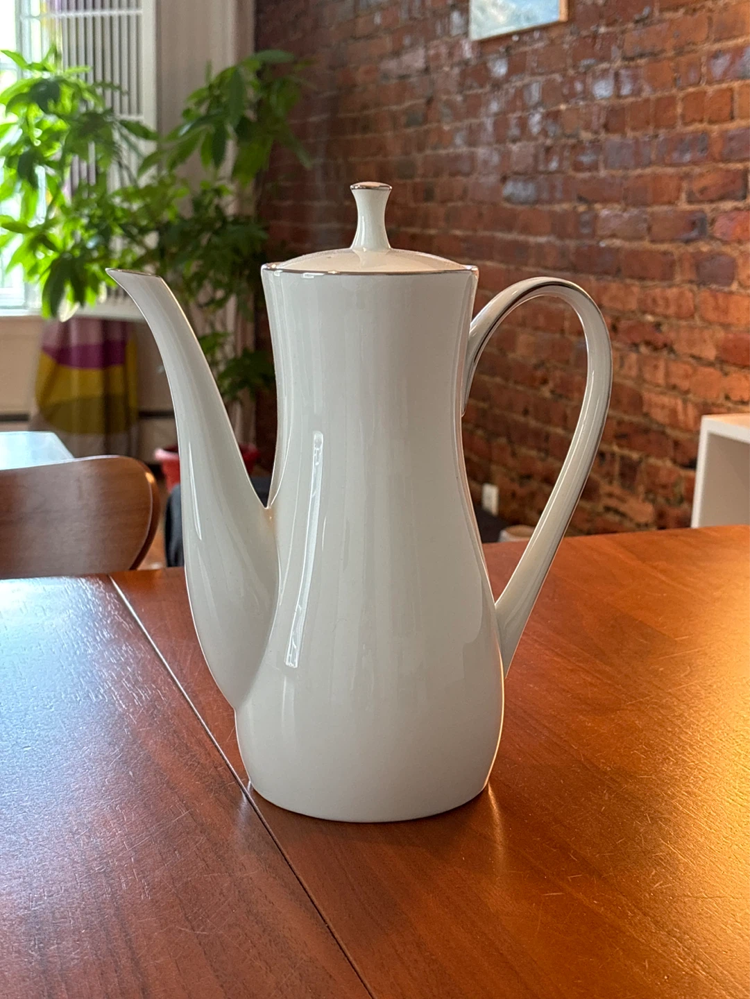 White Porcelain Coffee Pot with Silver Trim