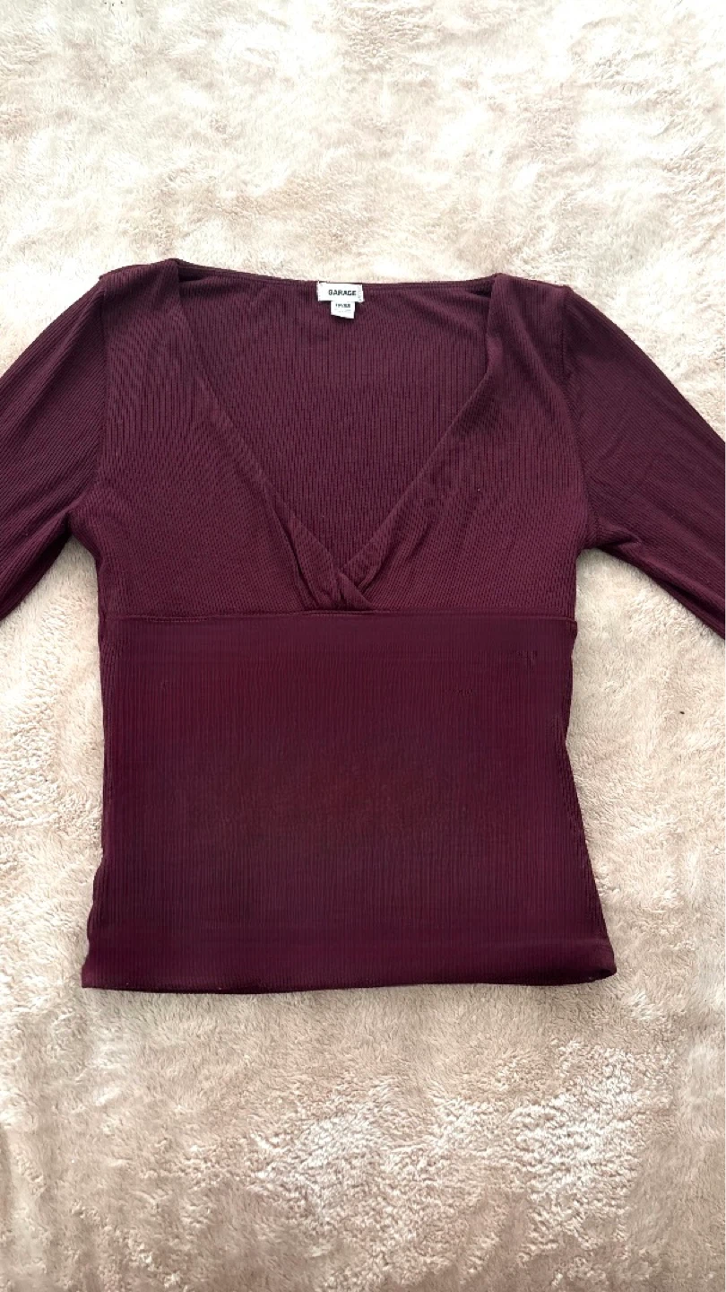 Garage Burgundy Ribbed V-Neck Top