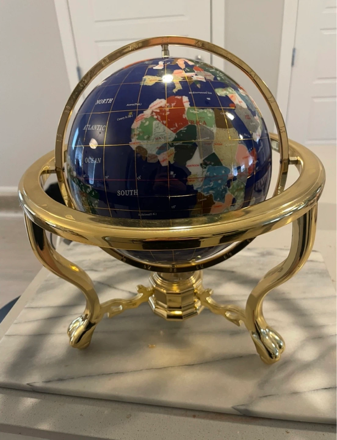 Decorative Gemstone Globe on Brass Stand