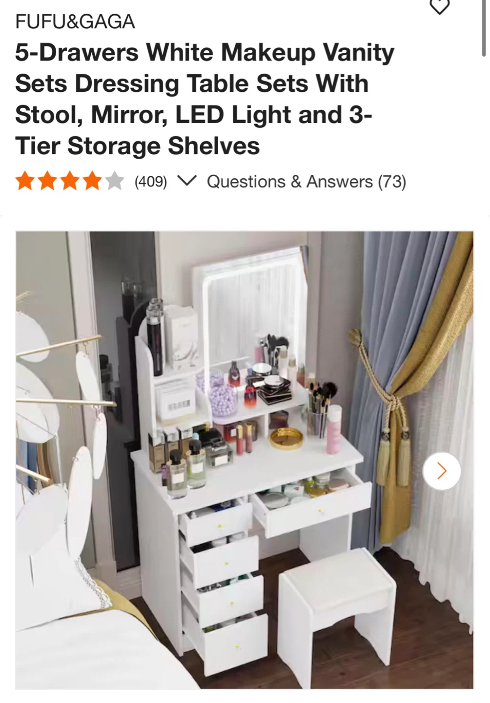 5-Drawer White Makeup Vanity with Stool, Mirror, LED Light