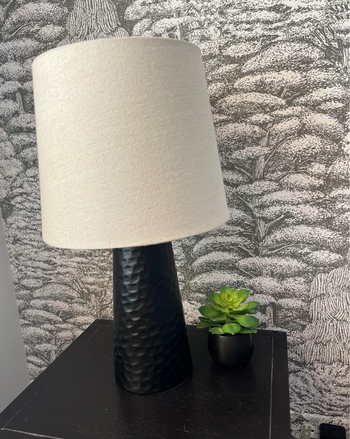 Black Textured Table Lamp with Natural Linen Shade
