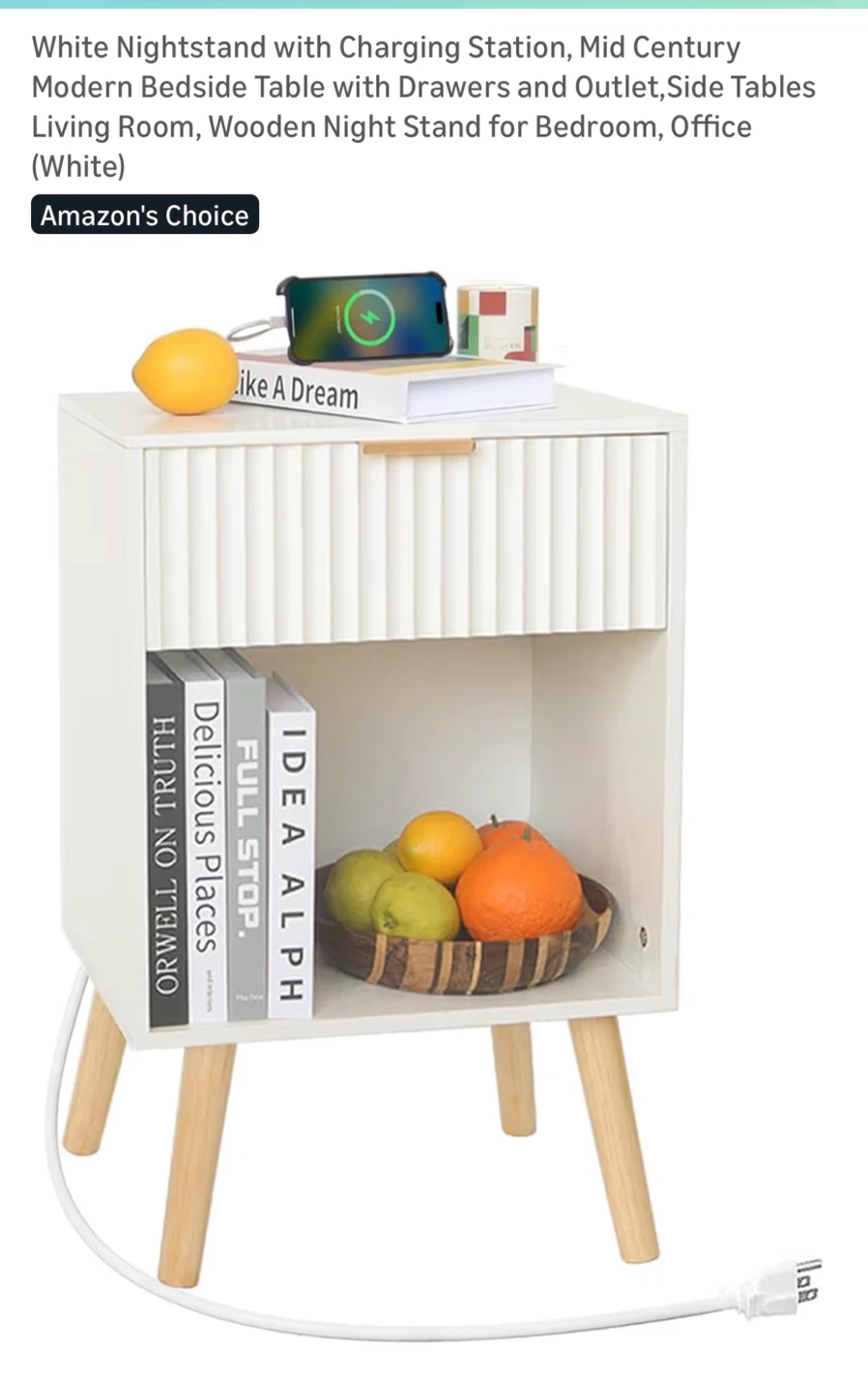 White Nightstand with Charging Station and Drawer