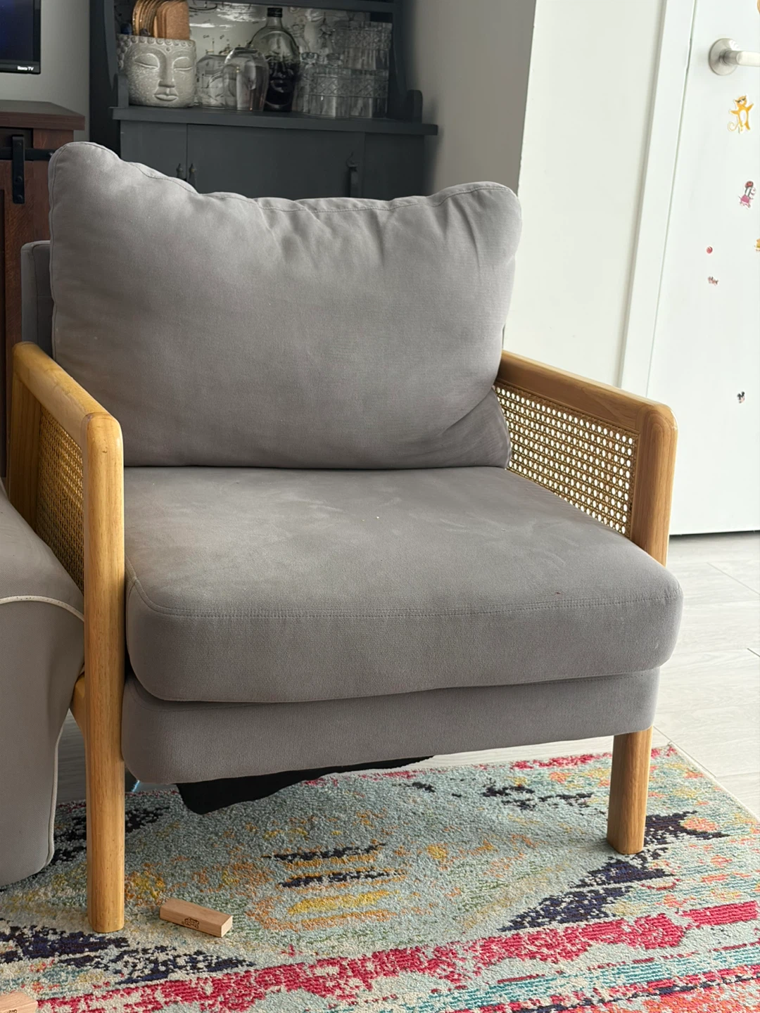 Grey Armchairs with Wood Frame and Cane Accents - photo 2
