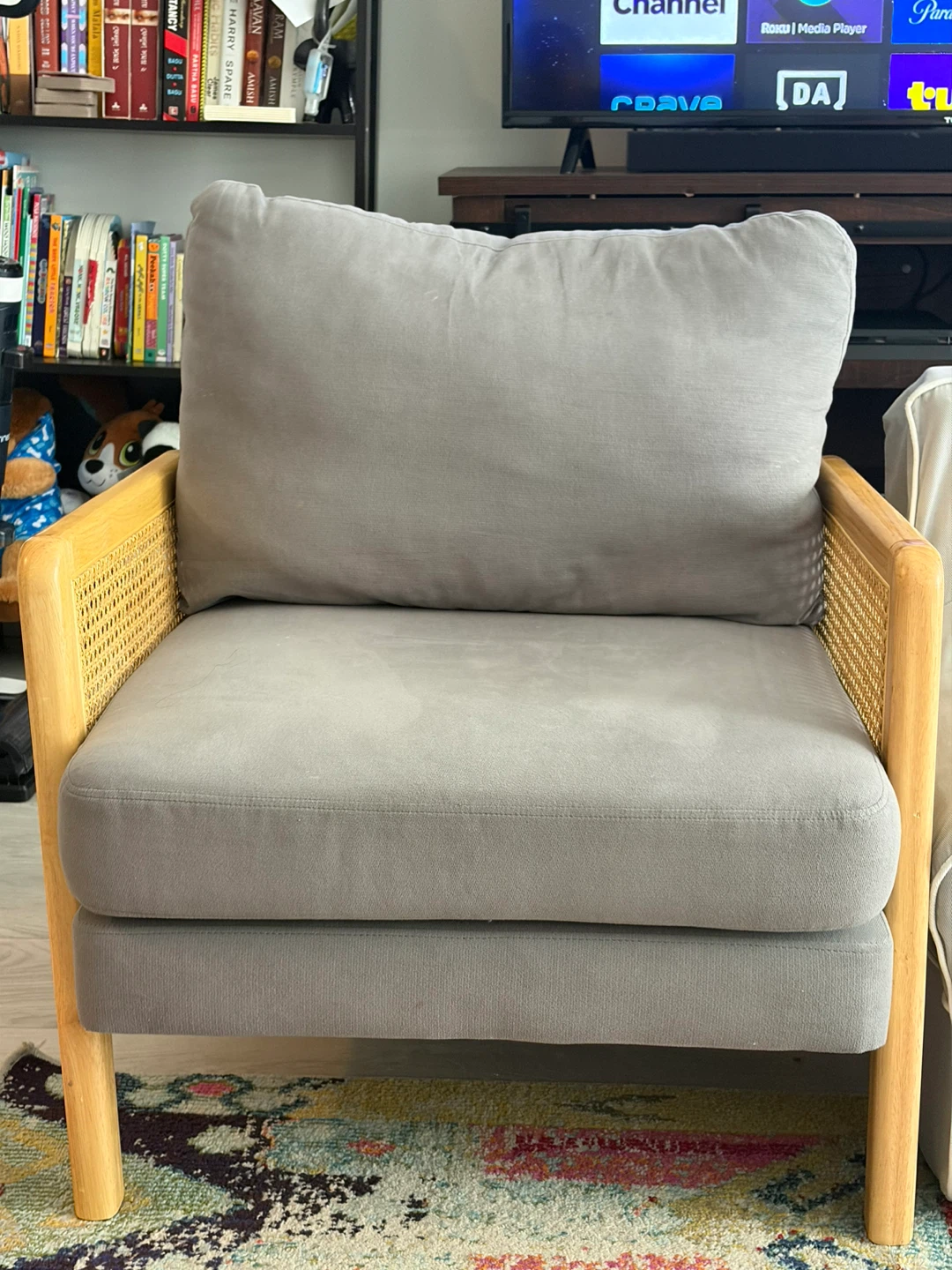 Grey Armchairs with Wood Frame and Cane Accents