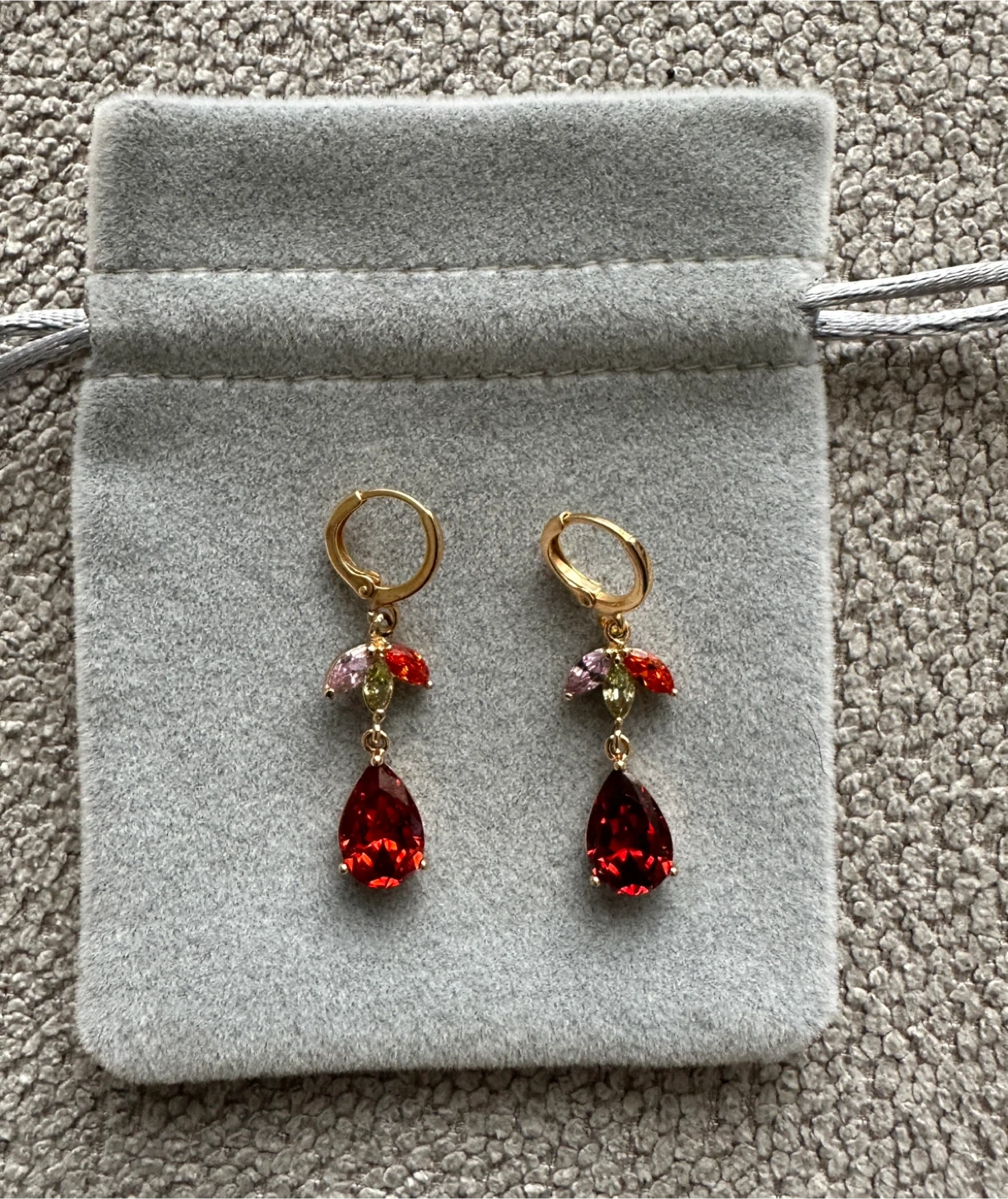 Gold Teardrop Earrings with Red and Multicolor Gemstones