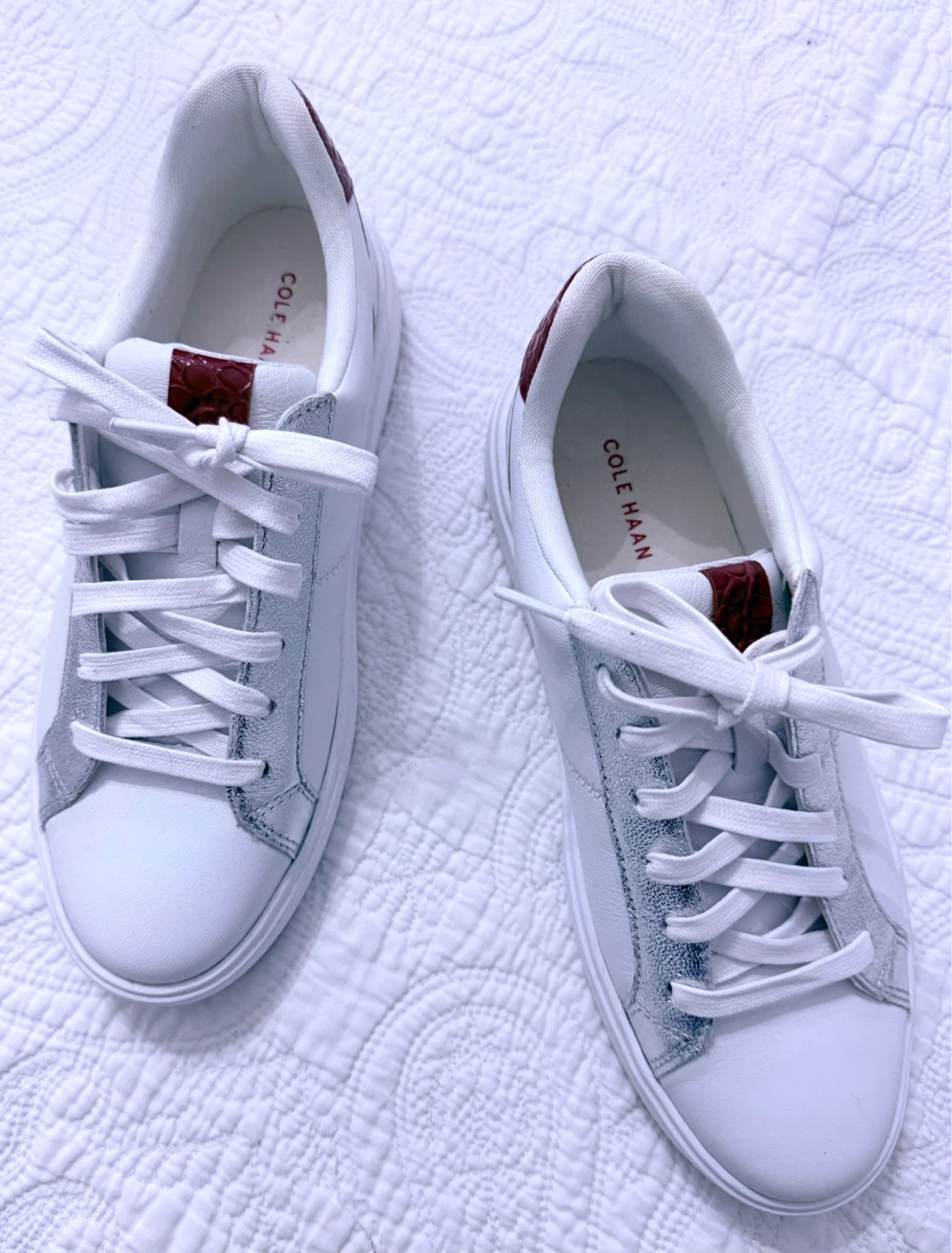 Cole Haan White Leather Sneakers with Silver and Red Accents