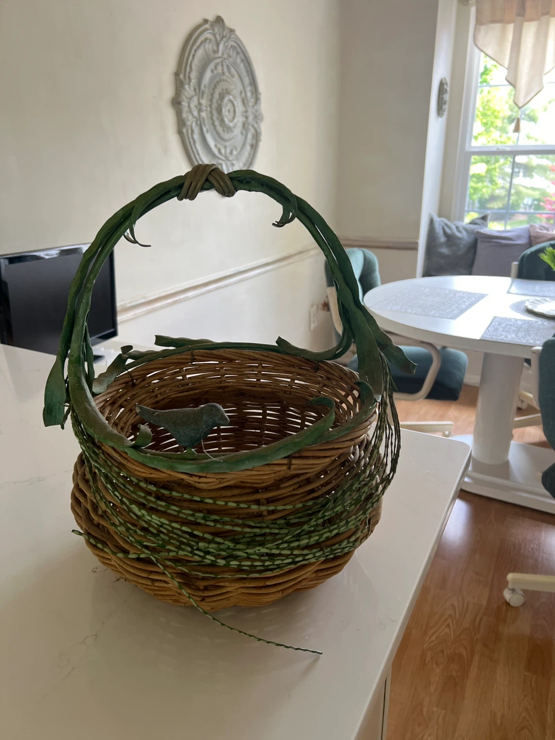 Woven Basket with Greenery and Bird Detail