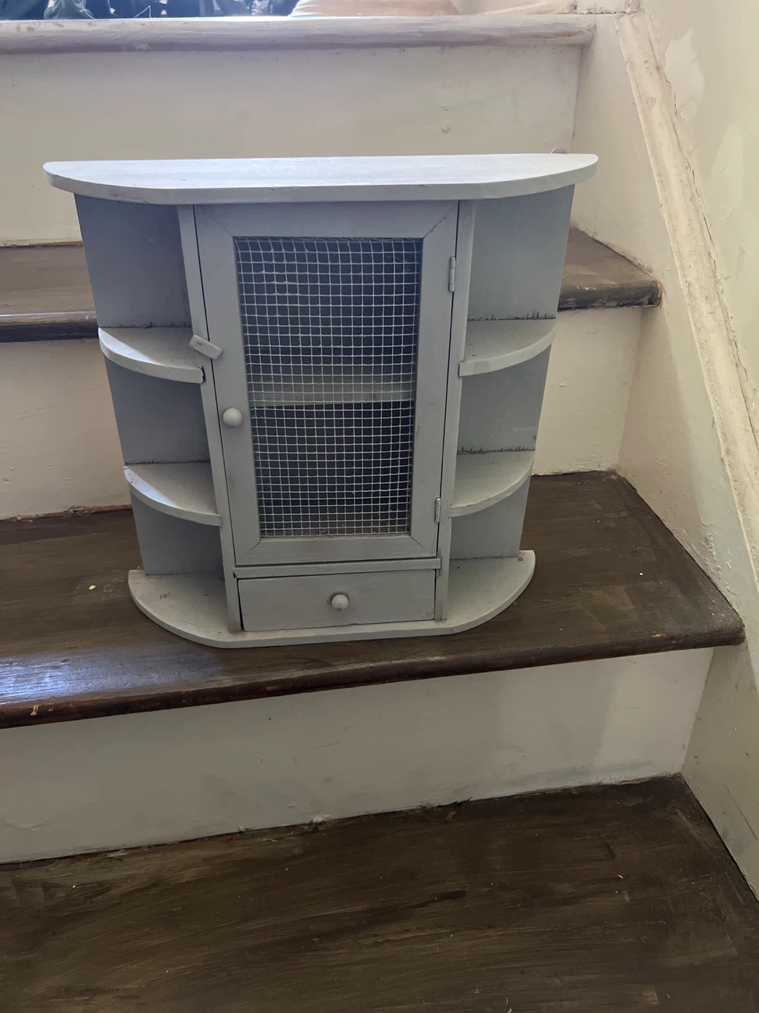 Gray Wooden Wall Cabinet with Shelves and Drawer