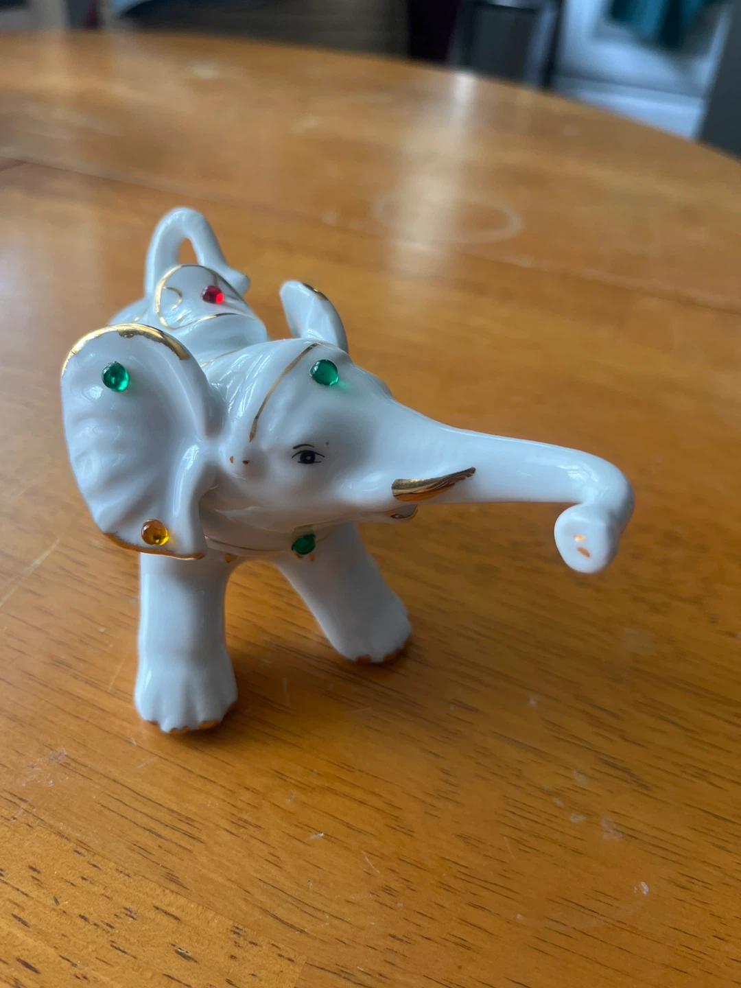 White Elephant Figurine with Gem Accents and Gold Trim