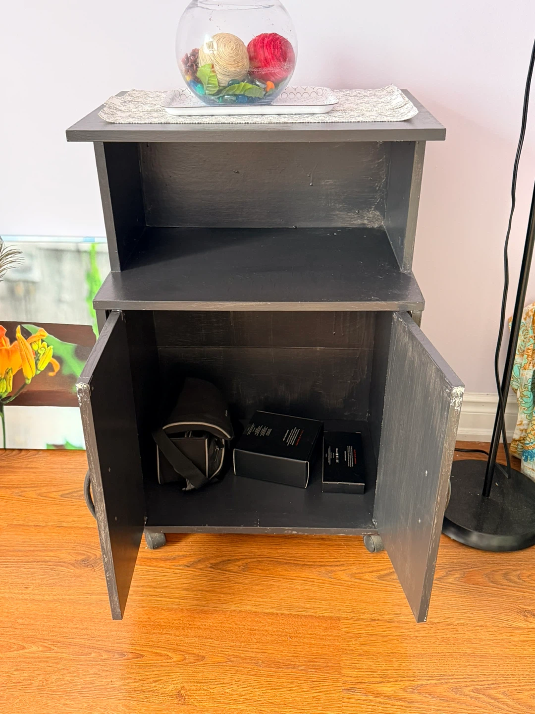 Small dark wood accent cabinet with wheels - photo 5