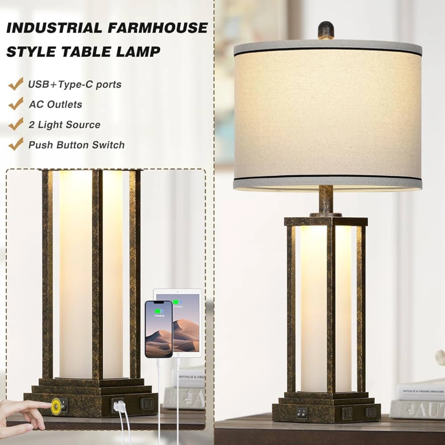 Industrial Bronze Farmhouse Style Table Lamp with USB Ports - photo 3