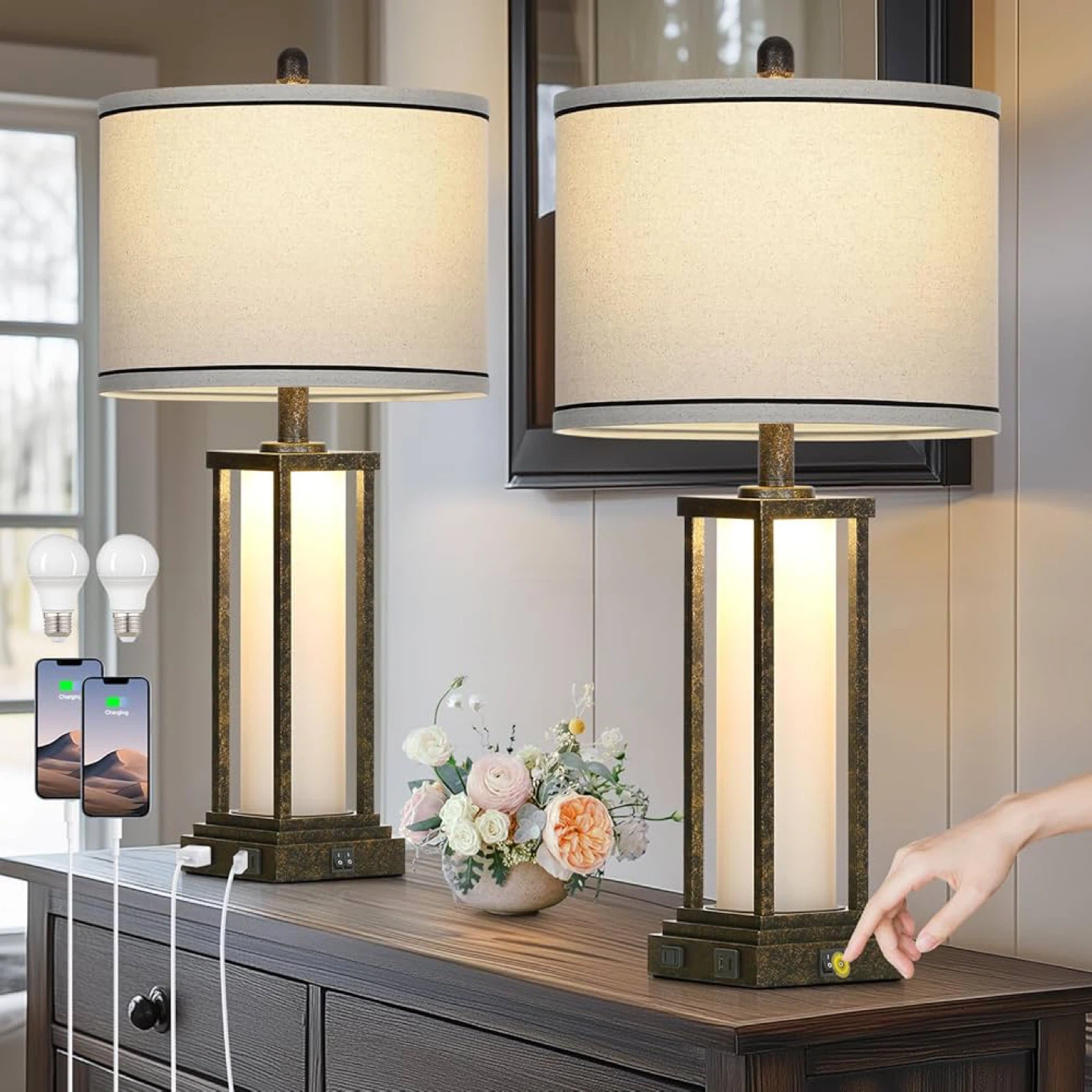 Industrial Bronze Farmhouse Style Table Lamp with USB Ports