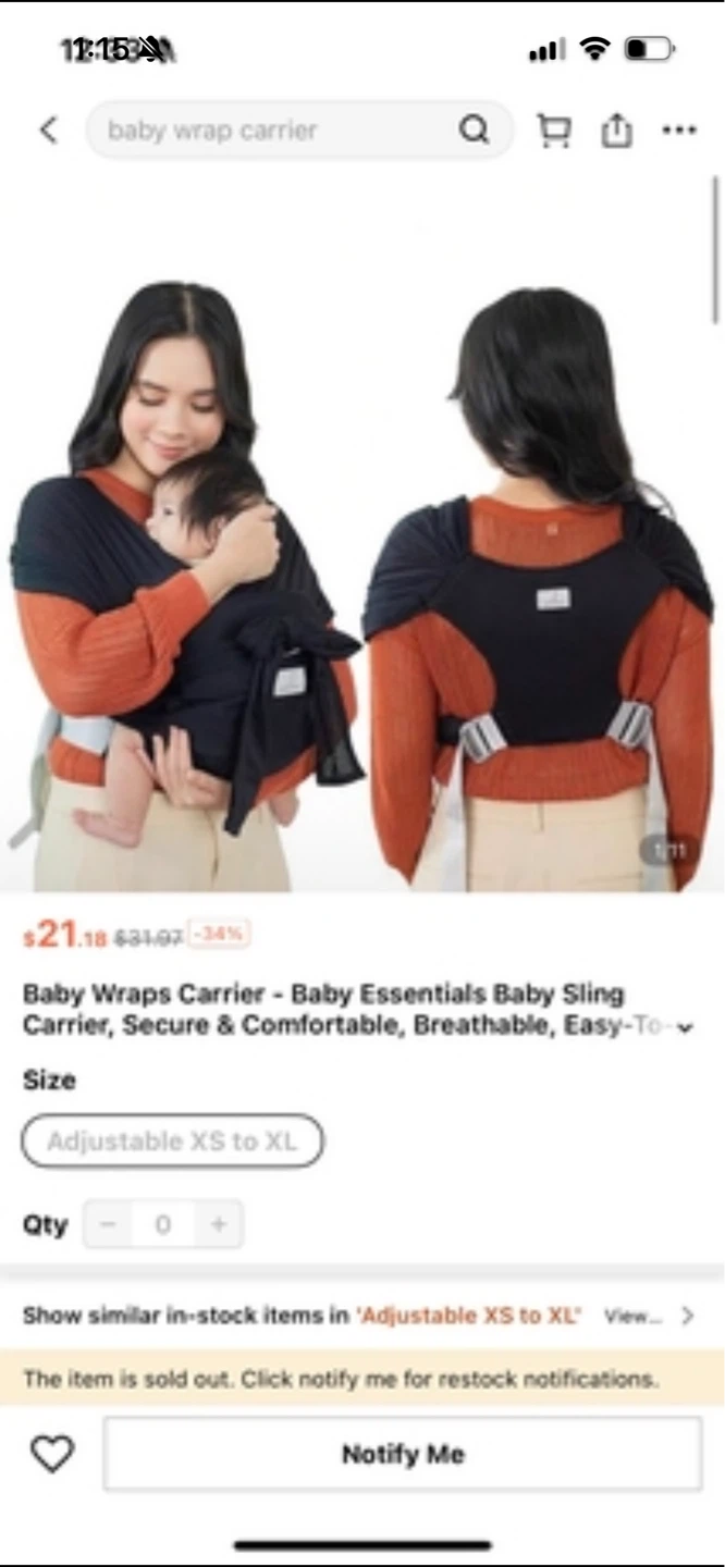 Baby Essentials Baby Wrap Sling Carrier - Adjustable XS to XL