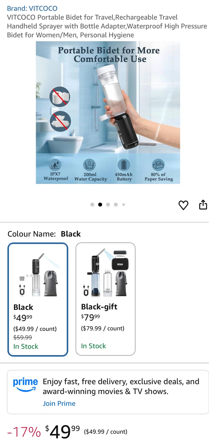 VITCOCO Portable Bidet Sprayer - Black