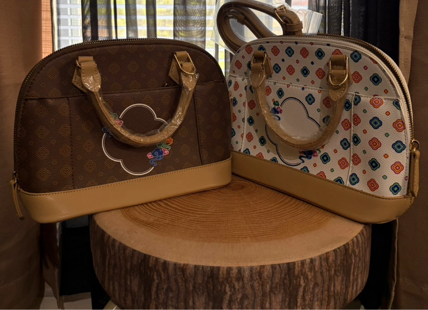 Dome Satchel Handbags - Brown & White