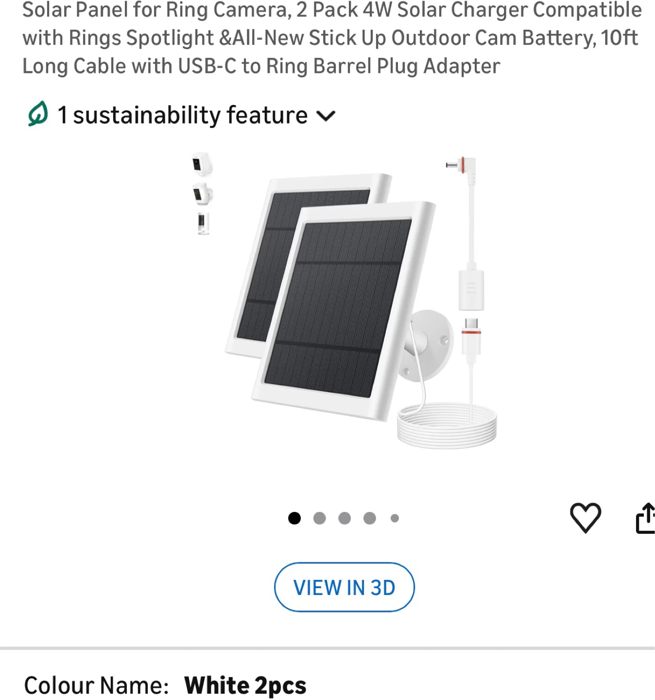 Ring Solar Charger 2 Pack 4W for Cameras, 10ft Cable, White SPC3