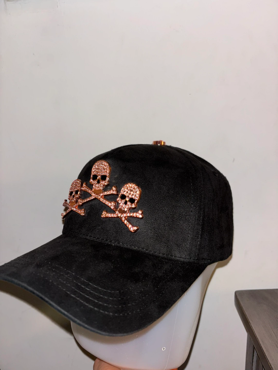 Black Suede Baseball Cap with Rose Gold Skulls