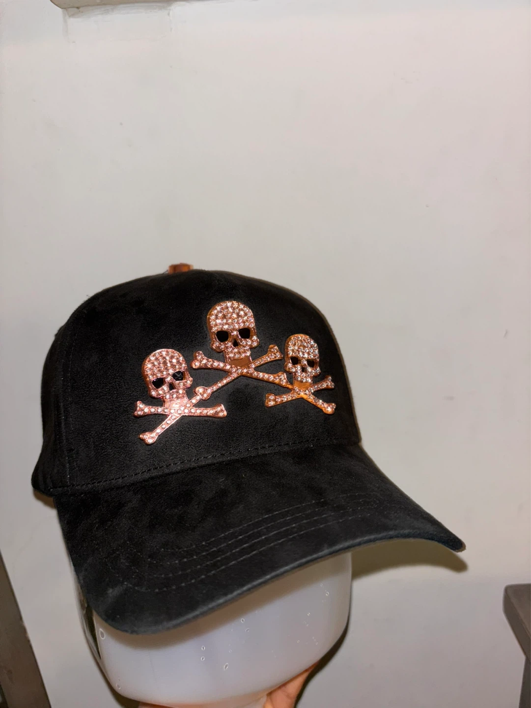 Black Suede Baseball Cap with Rose Gold Skulls - photo 2