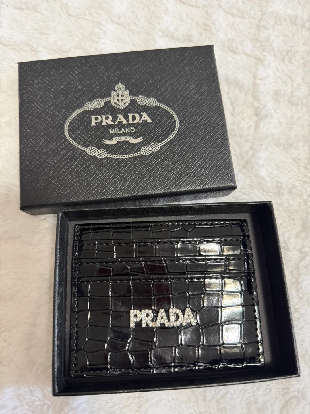 Prada Black Crocodile-Embossed Card Holder with Box