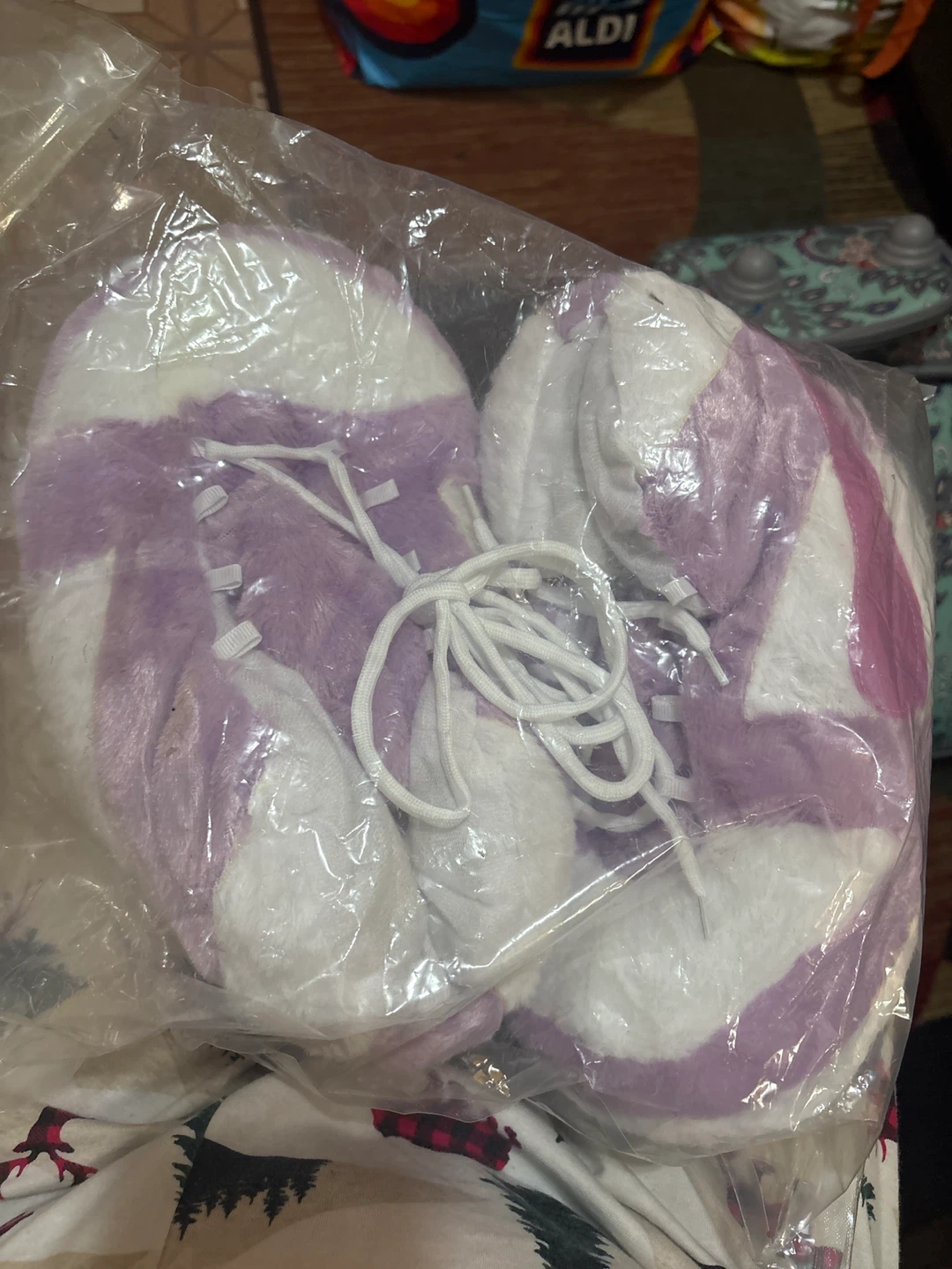Fuzzy Lace-Up Sneakers Slippers - Purple & White