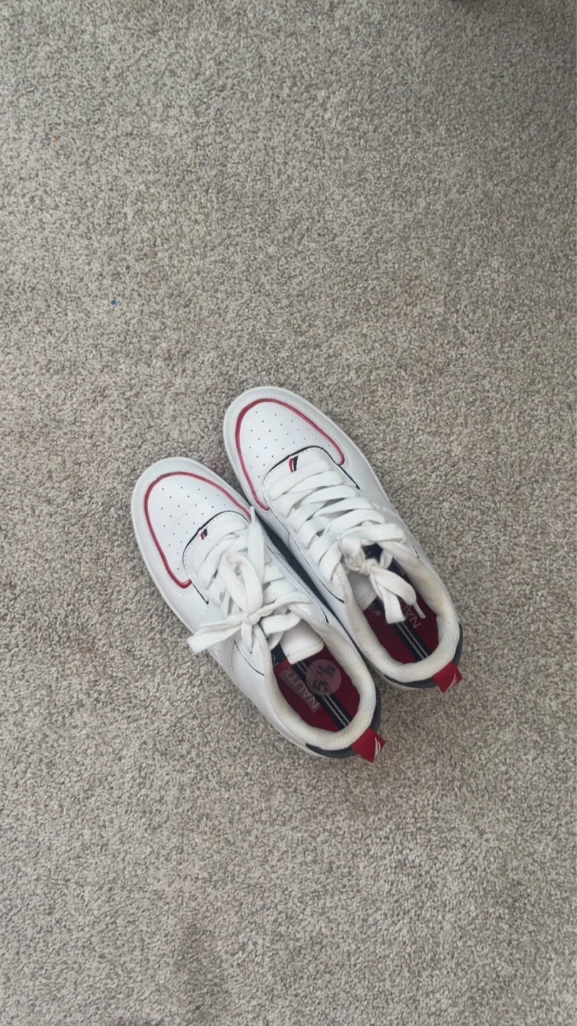 White Sneakers with Red Trim