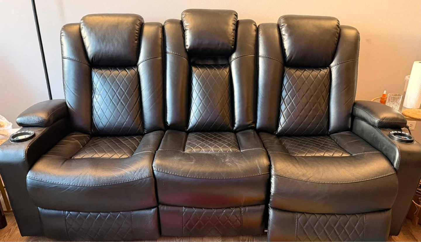 Black Leather 3-Seat Home Theater Recliner Sofa with Cup Holders - photo 2