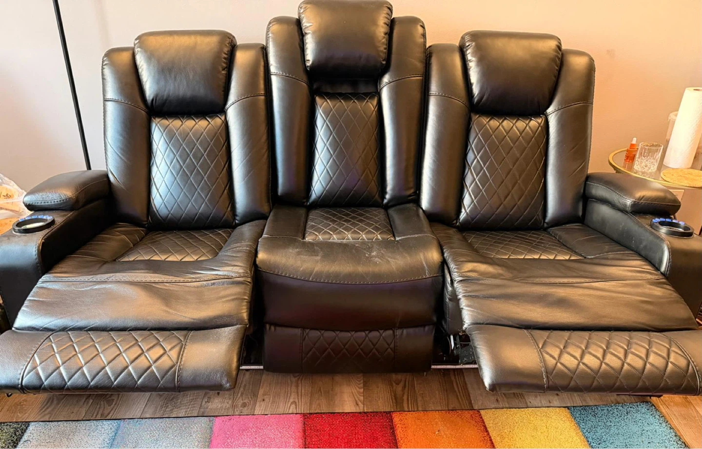 Black Leather 3-Seat Home Theater Recliner Sofa with Cup Holders - photo 4