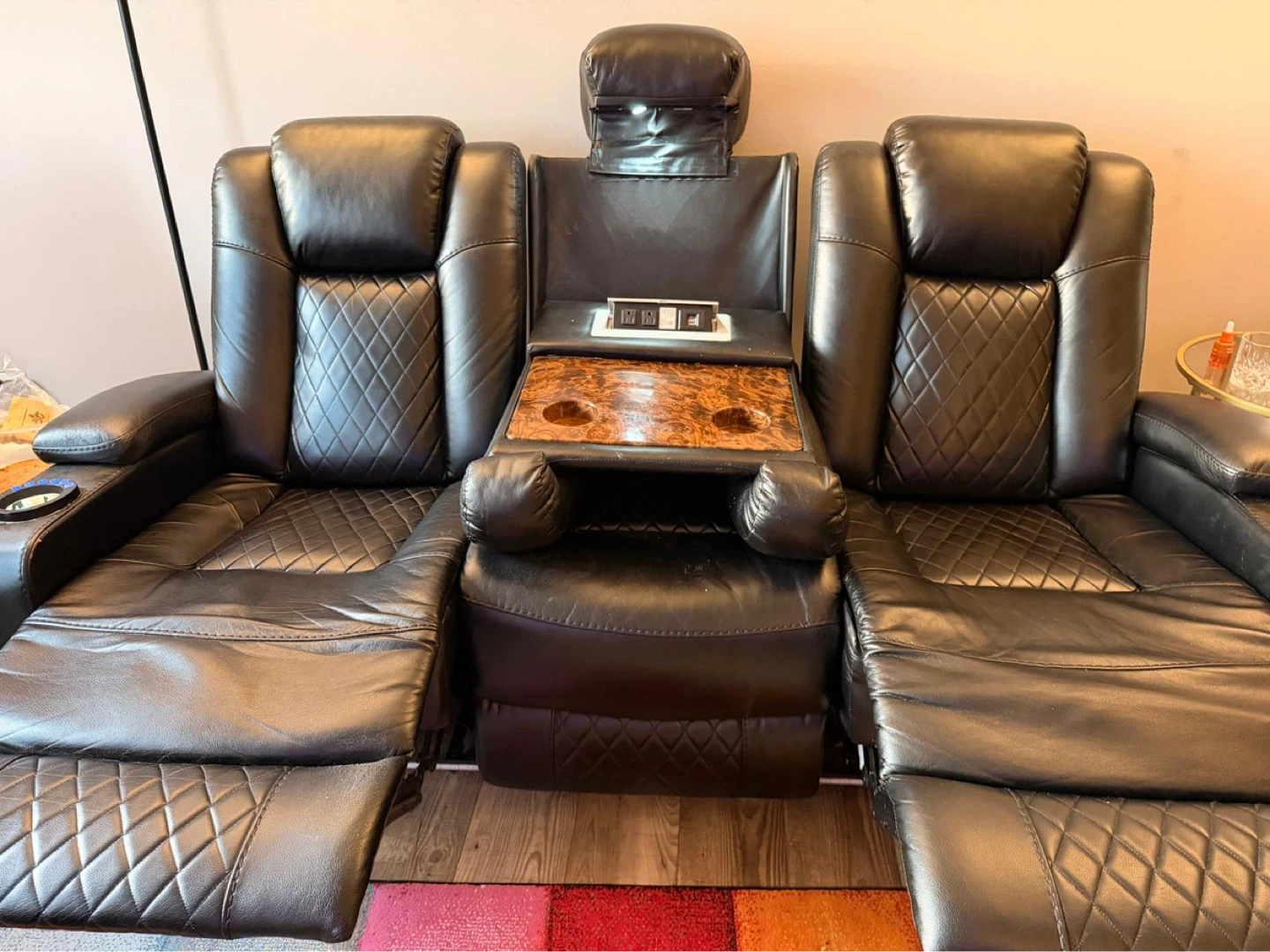 Black Leather 3-Seat Home Theater Recliner Sofa with Cup Holders