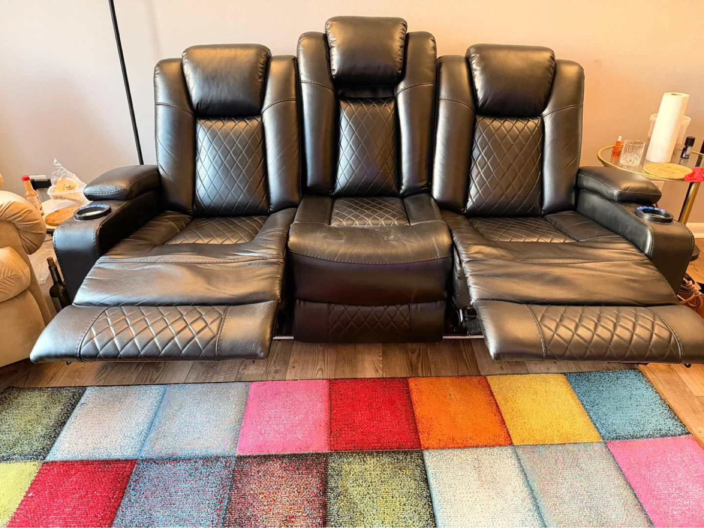 Black Leather 3-Seat Home Theater Recliner Sofa with Cup Holders - photo 3