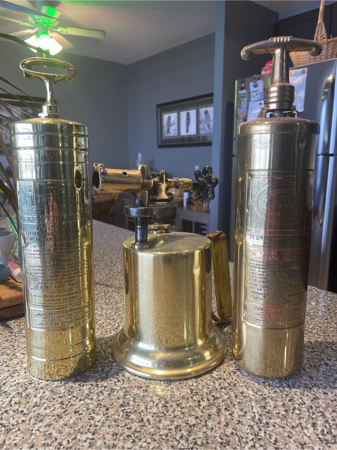 2 model A automotive brass fire extinguishers , blow torch.