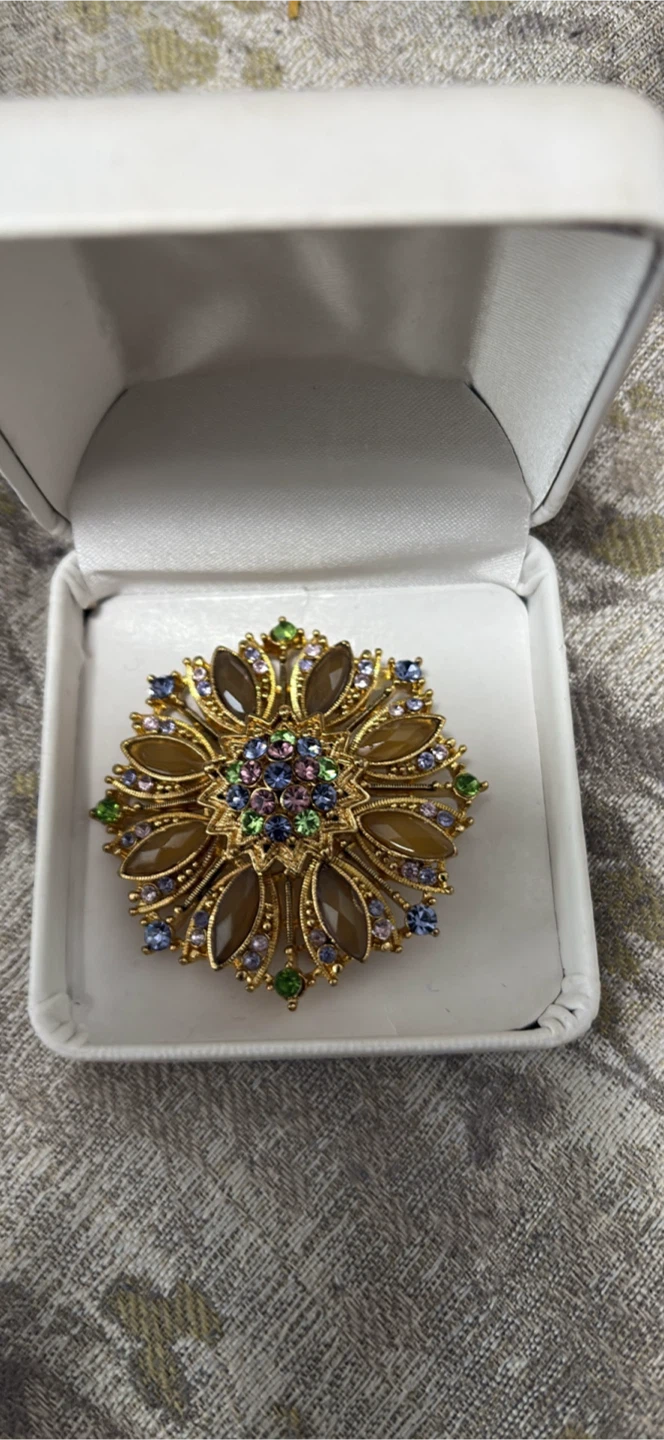 Gold-tone Brooch with Blue, Green, and Purple Rhinestones