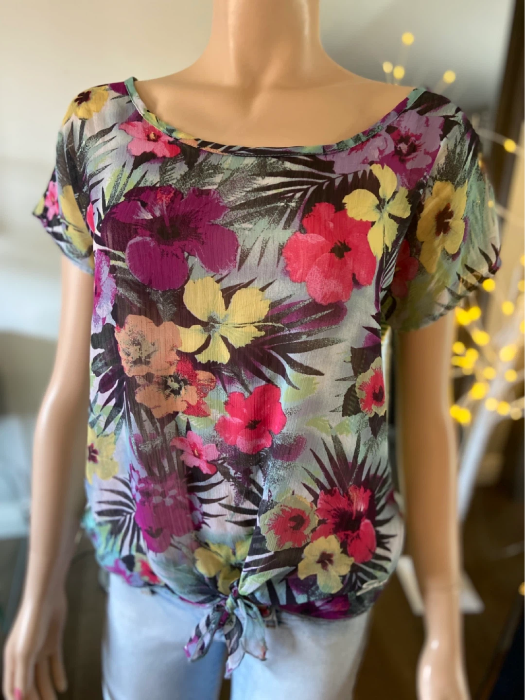 EUC Women's Floral Print Sheer Tie-Front Top S - photo 2