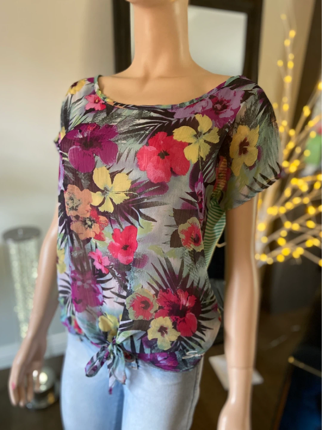 EUC Women's Floral Print Sheer Tie-Front Top S