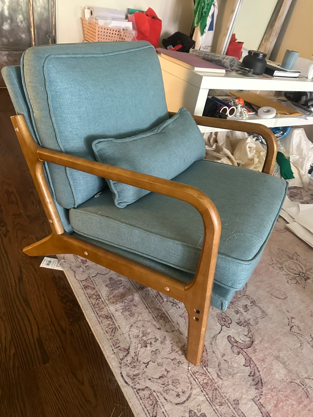 Mid-Century Modern Accent Chair - Teal Fabric with Wood Frame - photo 3