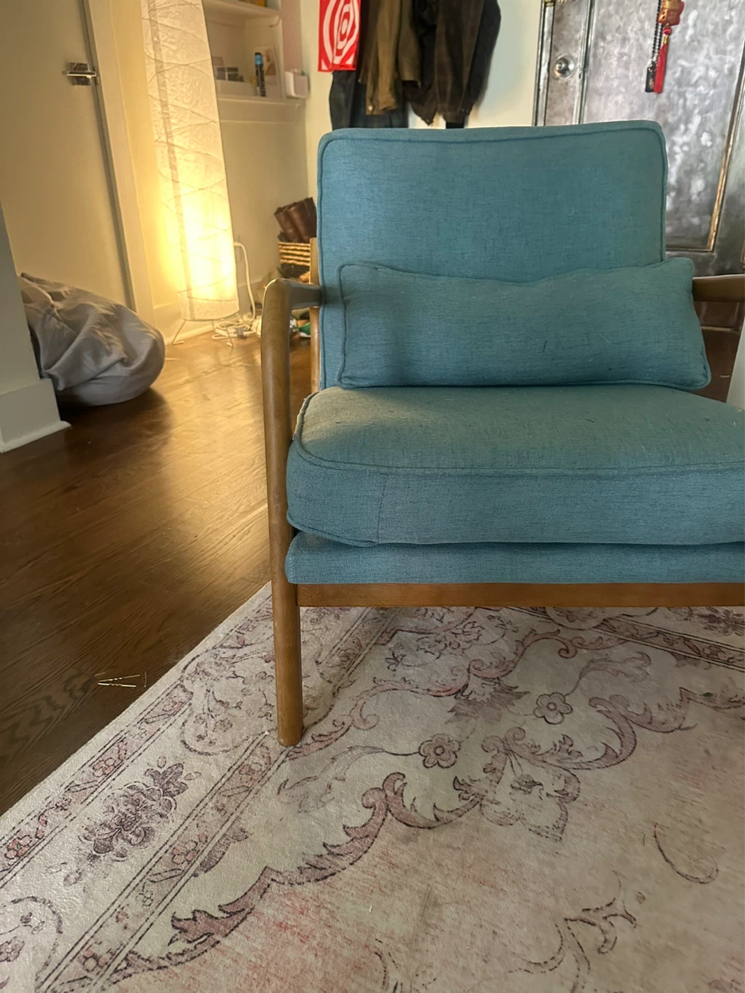 Mid-Century Modern Accent Chair - Teal Fabric with Wood Frame - photo 2